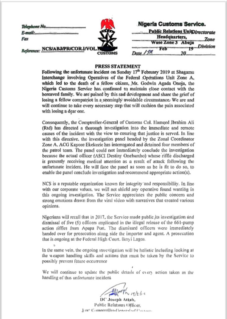 NIGERIA CUSTOMS SERVICE CLARIFIES CIRCULATING VIDEO OF SHOOTING INCIDENT