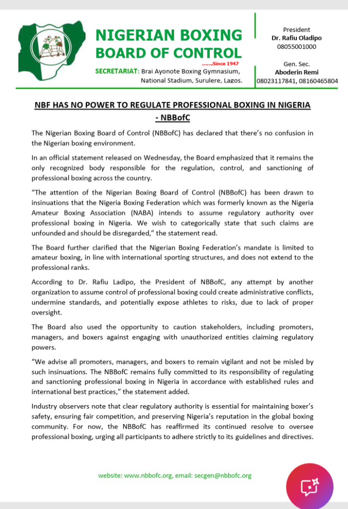 NBF HAS NO POWER TO REGULATE PROFESSIONAL BOXING IN NIGERIA – NBBofC